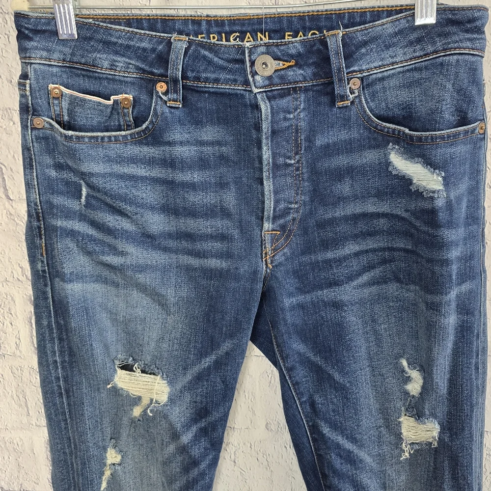 American Eagle Men's Dark Wash Slim Flex Distressed Jeans 30X34